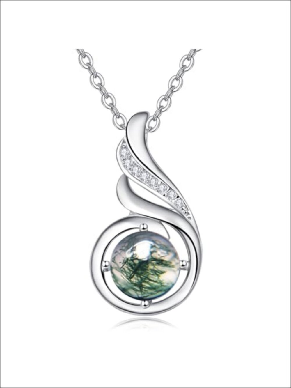 925 Sterling Silver Moss Agate Pendant Necklace 18in Adjustable